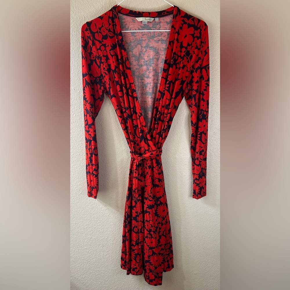 Boden Long Sleeve Midi Jersey Knit Wrap Dress Navy with Red Floral Design Size 8